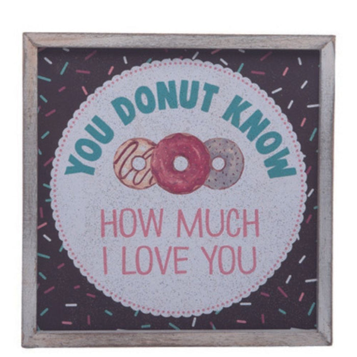 The MDF Donut Love Block Assorted A3216 showcases You Donut Know How Much I Love You with three illustrated donuts on a sprinkle-patterned background, perfect for adding a sweet touch to any space.