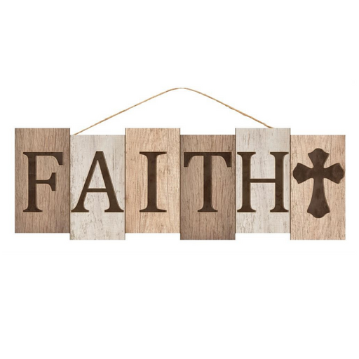 The 14 Faith Block Sign AP7032 features FAITH in rustic style on wooden planks, with the T as a cross. Crafted from beige and light grey MDF, the planks are linked by a thin rope, displaying shades of brown and white.