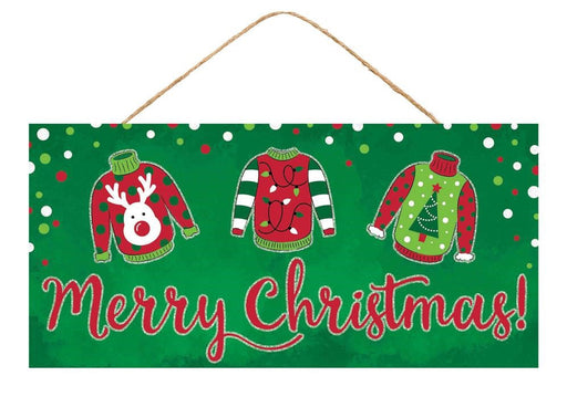 The 12.5L x 6H Christmas/Ugly Sweater Sign (AP8898) features an emerald background with festive dots, three sweaters with holiday designs—reindeer, lights, and tree—and Merry Christmas! in red script. Emerald/Red/White color scheme.