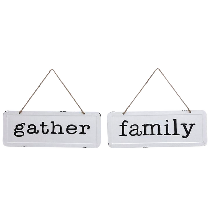 The Enamel Gather or Family Sign Assorted E19112, featuring black text, adds charm to your space.