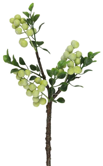The 16L Berry Branch X 3, EC4148, features clusters of small, round, light green berries with several green leaves on a brown stem, shown isolated against a white background.