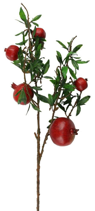 A 29-inch Pomegranate Branch (Product Code: EC8247) features small red and yellow pomegranates amidst lush green leaves, elegantly set against a white background.