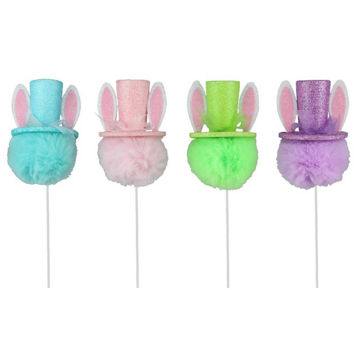 Add a whimsical touch to your decor with the 18 Bunny Ear Hat Pick Set of 4 (HE4155), featuring colorful Styrofoam pom-poms in blue, pink, green, and purple. Each pick is topped with a matching glittery bunny ear hat adorned with white and pastel accents for extra charm.