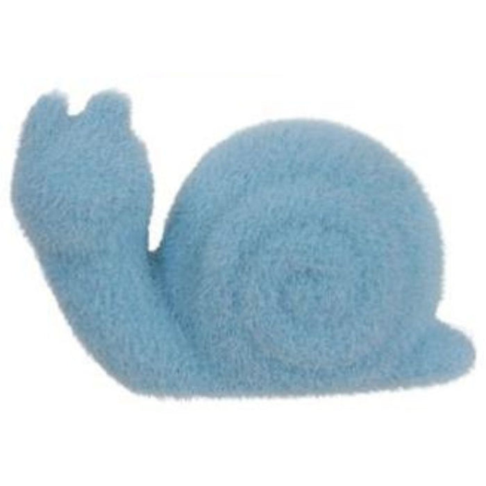 A 5.5L x 3.75H flocked snail figurine, item HE723698, available in 6 assorted colors: purple, pink, cream, green, blue, and yellow. Shown on a plain white background—choose your favorite shade!.