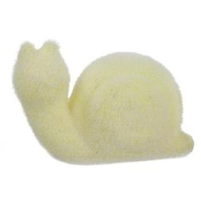 A 5.5L x 3.75H flocked snail sponge in yellow, made from polystyrene/nylon with a rounded body and raised head, shown on a plain white background. Also available in purple, pink, cream, green, and blue (HE723698).