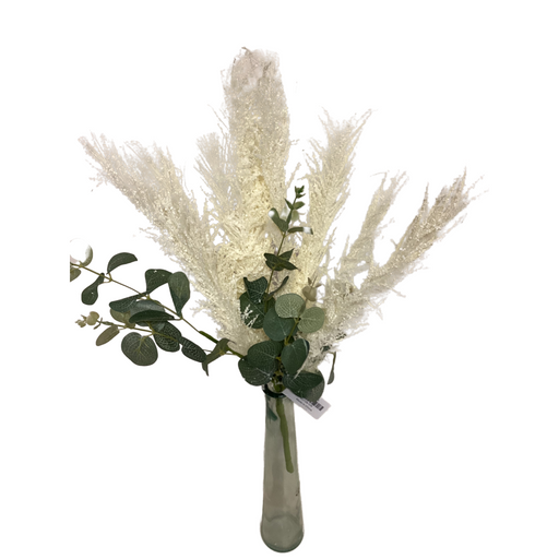 A tall glass vase showcases a bouquet of delicate cream foxtail eucalyptus and white pampas grass against a plain white background.
