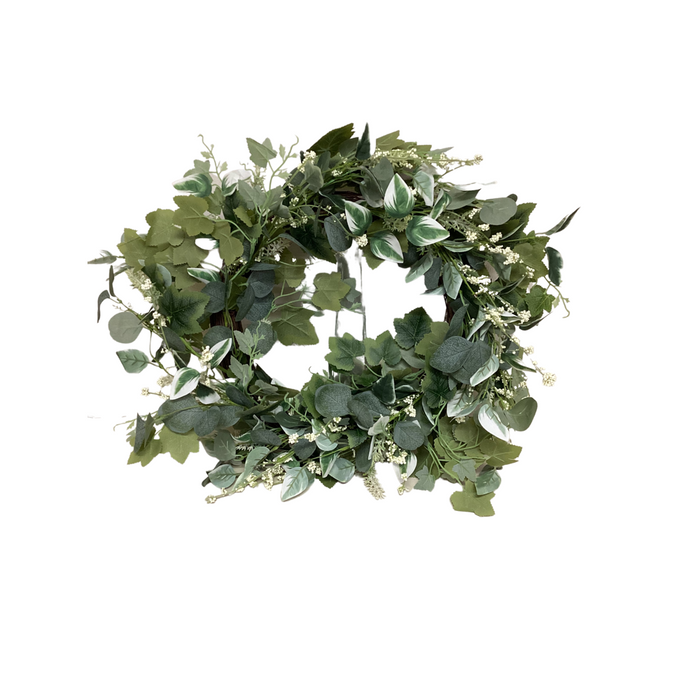 The 22 Mixed Eucalyptus Berry Wreath 62866 features a lush circular arrangement of eucalyptus and ivy, adorned with white flowers and berries that beautifully contrast the vibrant greenery.