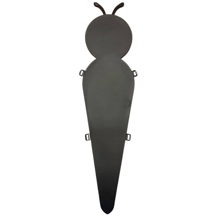 An overhead view of the black Plastic Insect Butterfly Body Board backpack, shaped like an insect with a round head, oval body, and a tapered tail, featuring side straps and buckles. Crafted from recycled plastic.