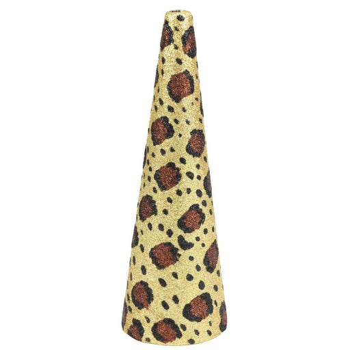 The 12"H Glitter Leopard Print Cone (Gold/Chocolate/Black, XE8841) features a glittery gold surface with black and brown spots, bringing wild elegance to any display.