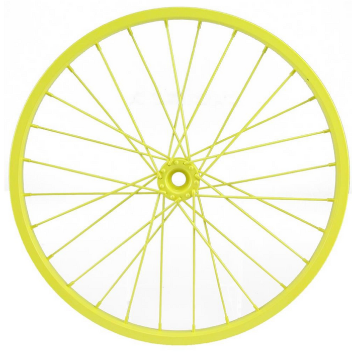 The 16.5 Yellow Bicycle Wheel MD050729, made of aluminum, features numerous evenly distributed spokes radiating from the central hub to the rim against a white background, creating a decorative and symmetrical pattern.