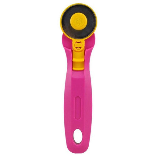 The 45mm Rotary Cutter MD051222 boasts a striking yellow and black circular blade, perfect for precise fabric cutting. Its handle features a convenient hanging hole and includes a safety lock mechanism for secure blade storage.