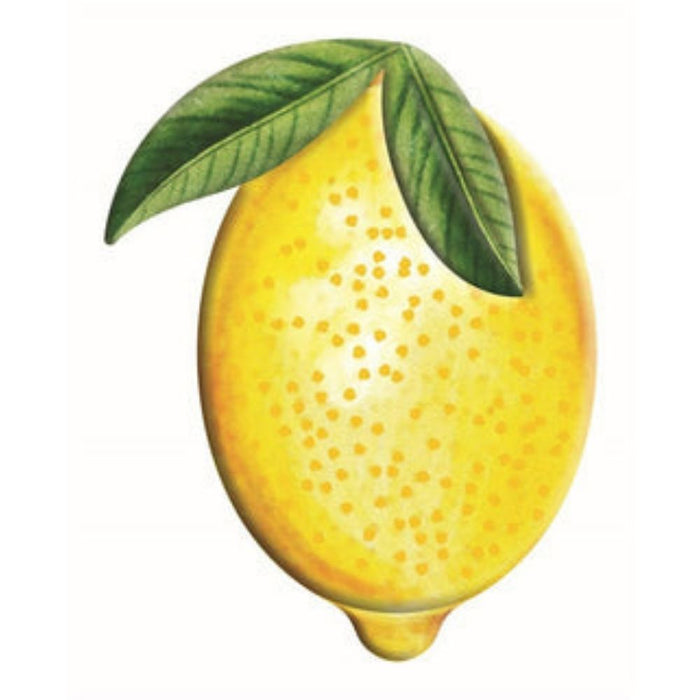 The 12H x 9.5W Embossed Watercolor Lemon MD071429 features a vibrant illustration of a yellow lemon with textured spots and two green leaves, all on a crisp white background.