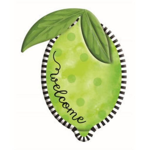 The 12H X 9.5W Embossed Welcome Lime in lime green (MD072136) features a charming polka dot lime with a striped border and two green leaves. Welcome is written in cursive along the left side, making it an inviting decor piece.