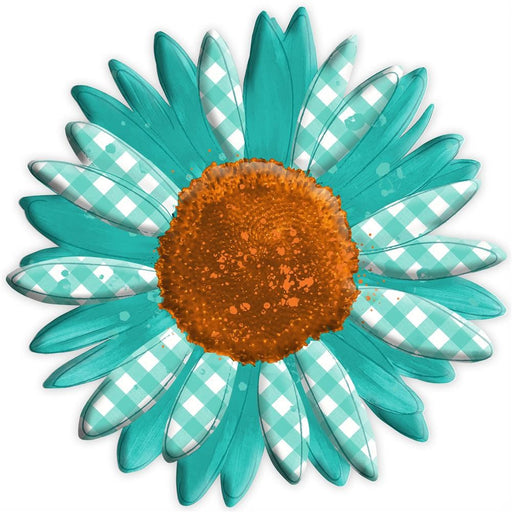 The 12Dia Metal/Embossed Sunflower (MD078437) features turquoise and checkered teal petals, arranged symmetrically around a textured rust-orange center, embodying a daisy-like design.
