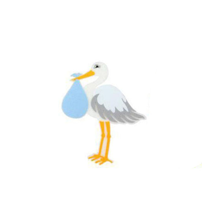 The Assorted Stork Ornament MS156899 features yellow legs and beak, holding a blue bundle on a white background—perfect for crafts using foam and felt in assorted colors.