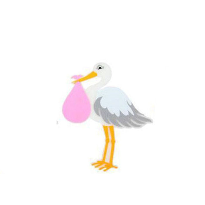 A cartoon stork with yellow legs and a gray and white body stands upright, holding a pink bundle in its beak against a white background—perfect as the Assorted Stork Ornament MS156899.