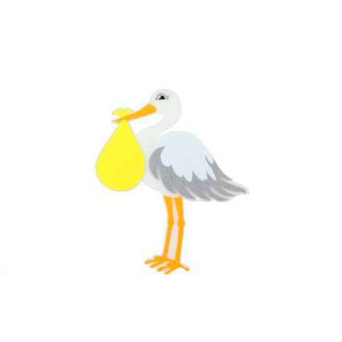 The Assorted Stork Ornament MS156899 features a cartoon stork with orange legs and beak, holding a yellow bundle, crafted from foam and felt, set against a plain white background.