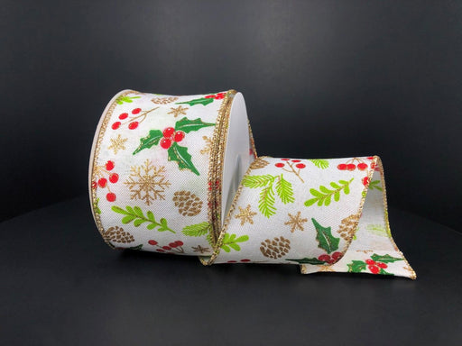 A 2.5x10Y roll of white linen ribbon featuring sparse red, green, and gold berry patterns, Product Name: White Linen/Sparse Red-Green-Gold Berries Ribbon 71174-40-01.