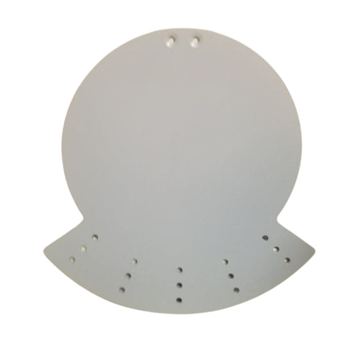The Rail Wreath Form is a round, flat, gray metal plate with multiple small holes near the bottom edge and three at the top, great for securing wreaths or attaching zip ties. Shown on a white background.