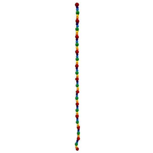 The 4' Rainbow Felt Ball Garland (63150RAINBOW) features a long vertical strand of red, blue, yellow, green, and orange felt beads arranged in a colorful pattern against a white background.