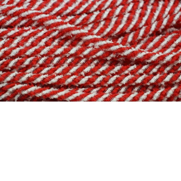 Close-up of red and white striped fabric with a textured appearance, reminiscent of braided yarn. This pattern, similar to the Deco Flex Tubing Red and White Snowdrift (RE3225G1), creates an intricate woven look on a white background—ideal for holiday creations.