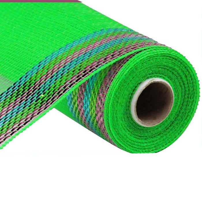 A close-up of a partially unrolled 10.25 Lime Turquoise Pink Border Stripe Metallic Mesh RE8504H5, highlighting its vibrant green mesh texture and colorful striped border near one edge.