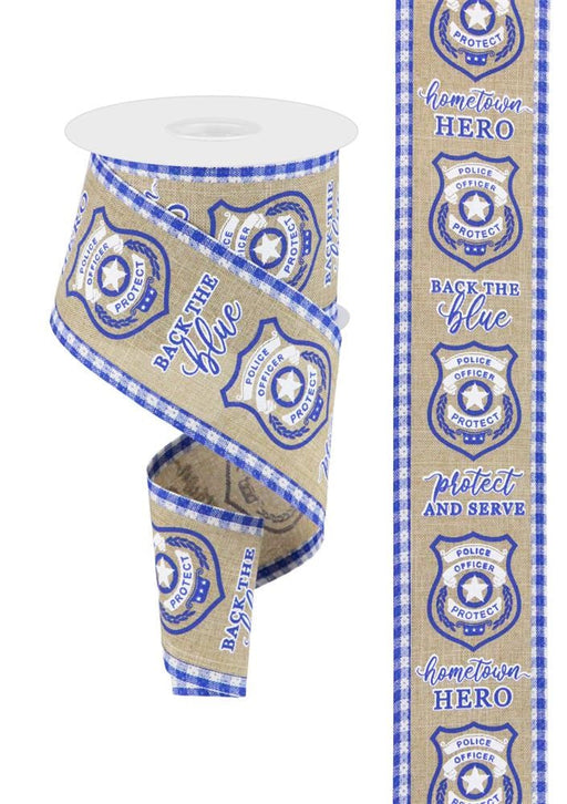 The 2.75X10Yd Police Badge/Gingham Check ribbon (RGA80891C) features blue and white gingham edges, police badges, and phrases like BACK THE BLUE, PROTECT AND SERVE, and HOMETOWN HERO on a light beige background.