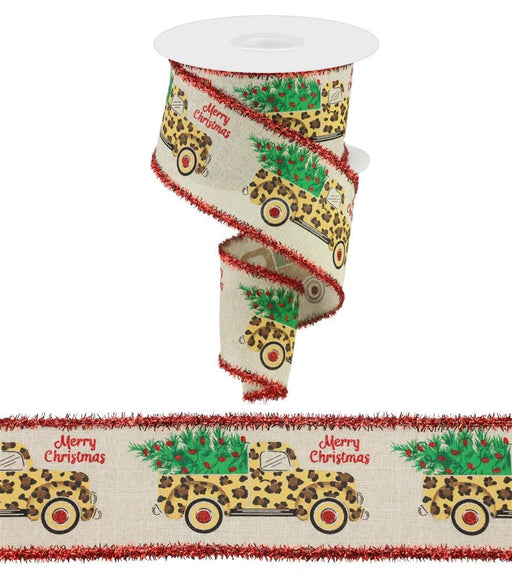 The 2.5" x 10 yd RGA814218 ribbon features a leopard-print truck with Christmas tree, "Merry Christmas" text, and red tinsel trim in natural/dark gold/brown/black/green colors. Festive wired polyester ribbon shown rolled and unrolled.