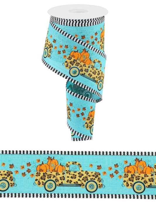 The 2.75X10Yd Leopard Truck/Pumpkins/Stripe ribbon artfully displays a vibrant leopard truck pattern with pumpkins and leaves, enhanced by teal accents and edged with striking black and white stripes.
