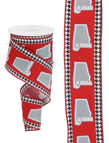 The 2.5X10Yd Alabama W/Houndstooth ribbon in white/red/grey/black (RGC186327) features a printed gray Alabama design with an ALABAMA label and a chic black and white houndstooth border, perfect for displaying state pride.