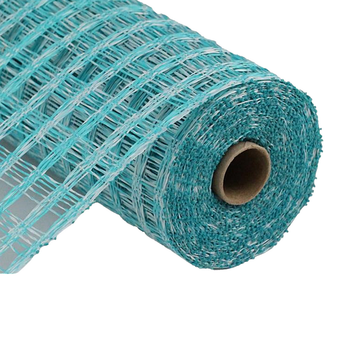 A close-up of the 10 Two-Tone Poly Burlap Check Mesh RP8153m3 shows its turquoise and white checked open mesh with a visible cardboard core, ideal for crafts and wreath making.
