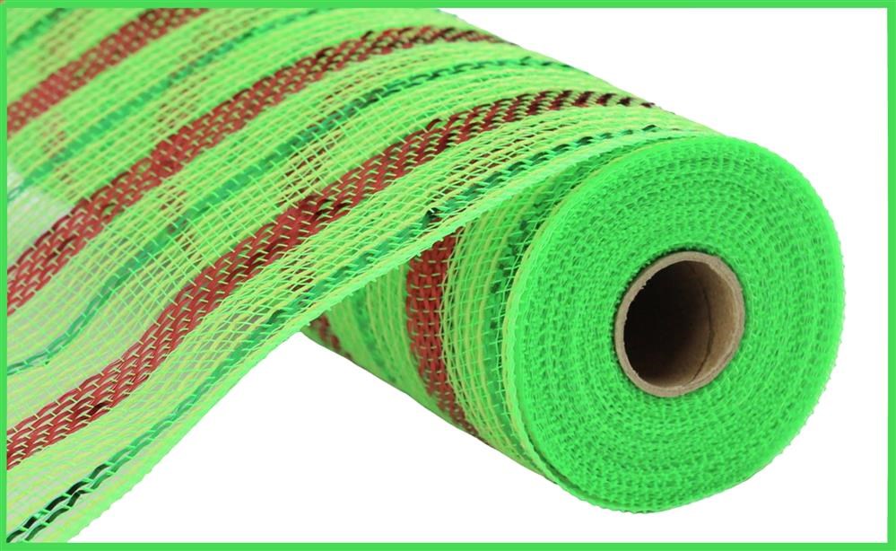 A partially unrolled roll of the 10.25X10Yd Poly/Faux Jute/Metallic Mesh in Lime/Red/Emerald (RY802045) features a visible cardboard core. This lightweight decorative polypropylene material, ideal for crafts or holiday decorations, is framed with a matching green border.