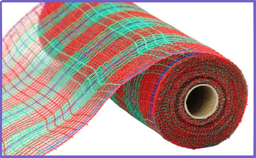 A close-up of the 10.25x10yd Faux Jute/Check/Foil Mesh in Red/Emerald/Royal Blue (RY8021T6), showing its vibrant crisscross pattern and textured faux jute material partially unrolled.