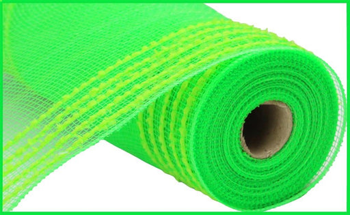 The 10.25X10Yd Drift/Pp Wide Border Mesh Lime Green RY811430 roll is partially unrolled, showing its sturdy cardboard core. Made from tightly woven polypropylene, it stands out vividly against a crisp white background.