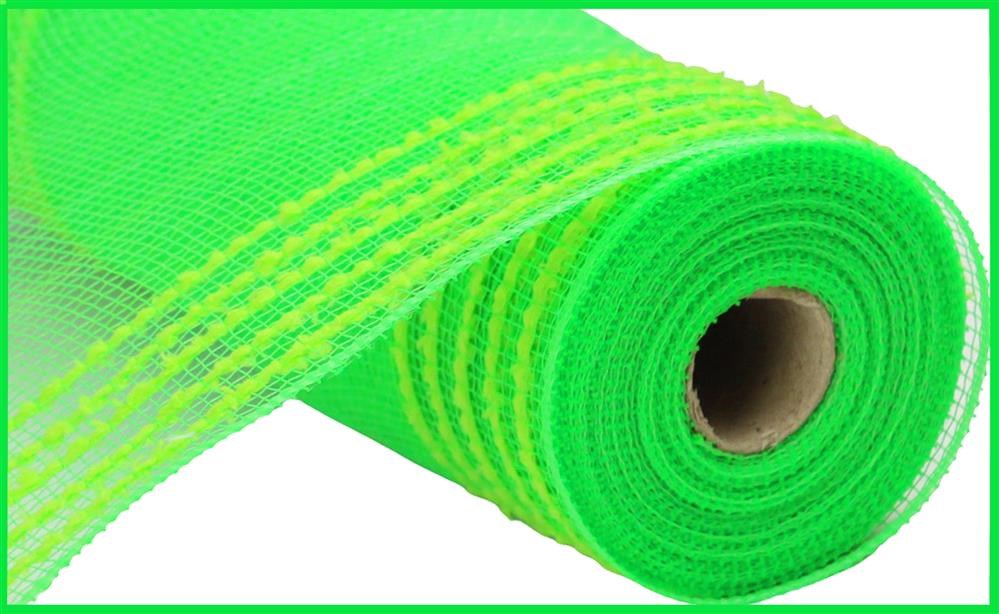 The 10.25X10Yd Drift/Pp Wide Border Mesh Lime Green RY811430 roll is partially unrolled, showing its sturdy cardboard core. Made from tightly woven polypropylene, it stands out vividly against a crisp white background.