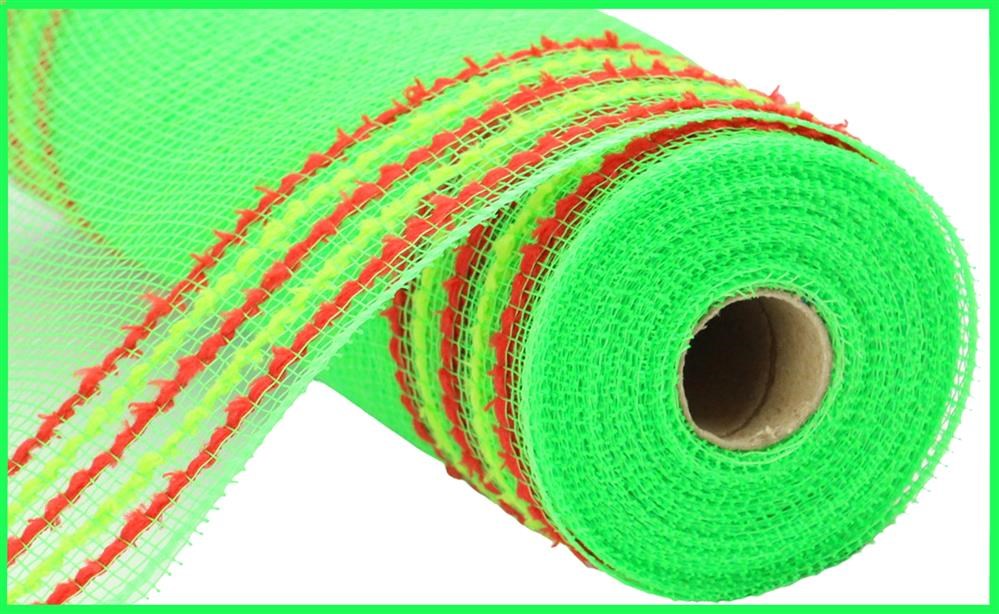 A close-up of the 10.25X10Yd Drift/Pp Wide Border Mesh Lime Green/Red (RY811670), a lime green polypropylene mesh with red and yellow stripes along the edge, displayed on a white background.