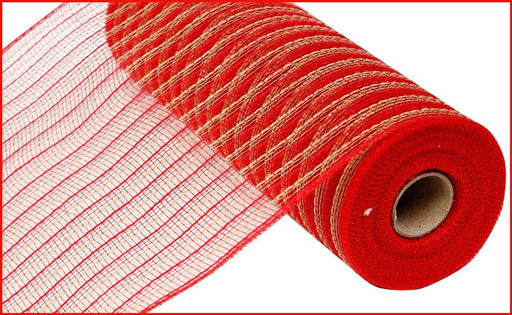 A 10.25 x 10yd roll of Poly/Faux Jute Mesh in red/natural (RY830252), partially unrolled to show its decorative, semi-transparent, grid-like texture.