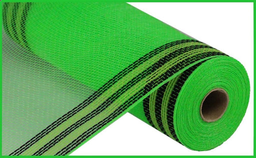 A close-up of the 10.25X10Yd Faux Jute/PP/Border Stripe Lime/Black/Fresh Green (RY8325K4) mesh fabric, featuring bright green color with black stripes and a textured pattern, partially unrolled to reveal its design.