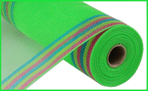A partially unrolled roll of 10.25X10Yd Faux Jute/Pp/Border Stripe Mesh in lime, hot pink, fresh green, and turquoise is displayed against a white background.