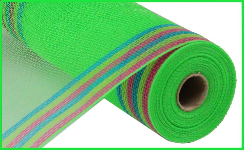 A partially unrolled roll of 10.25X10Yd Faux Jute/Pp/Border Stripe Mesh in lime, hot pink, fresh green, and turquoise is displayed against a white background.