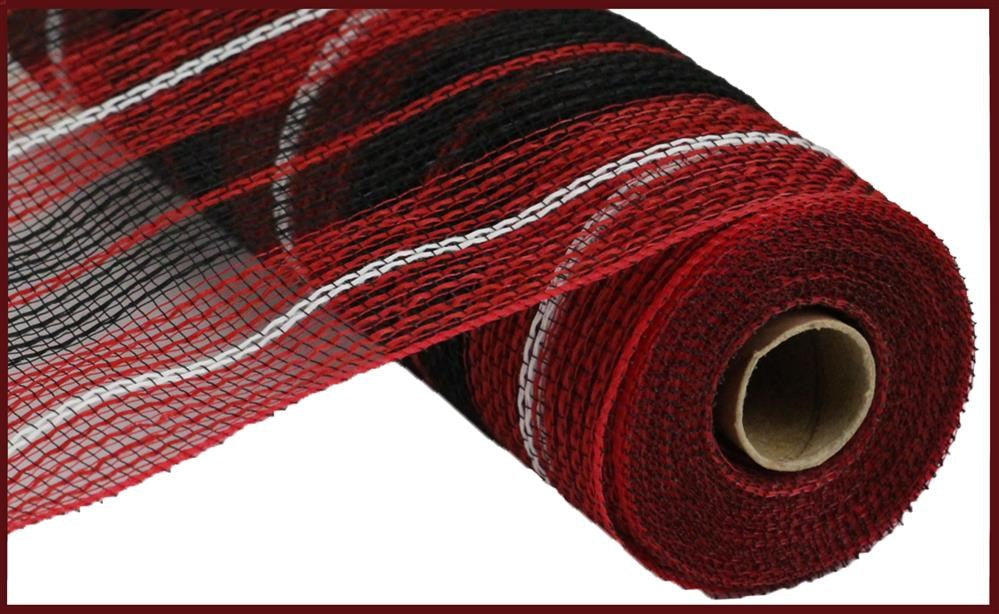 A close-up of the 10.25"X10Yd Faux Jute/Thick Stripe Mesh in Black/Red/White (RY8330H9), featuring bold stripes, an open-weave mesh pattern, and a cardboard center.