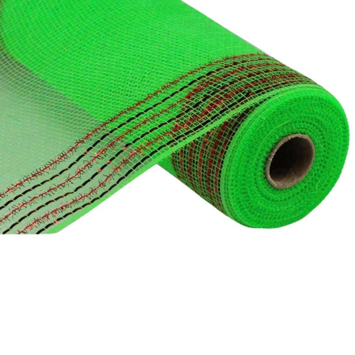 A close-up of the 10.5 Red Tinsel Border Lime Mesh RY850570 shows lime mesh polypropylene fabric with a cardboard core and a vivid red tinsel edge.