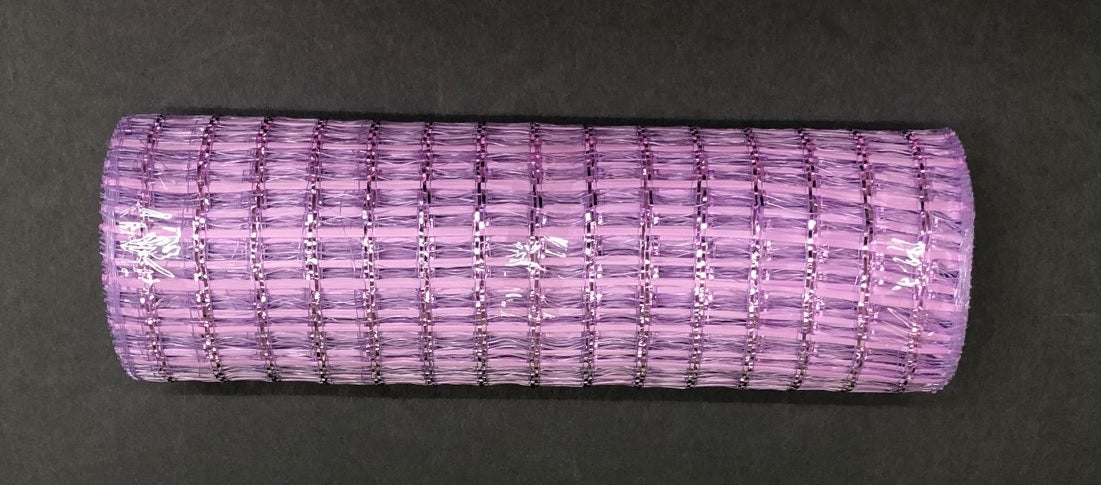 A 10X10Y Lavender Metallic Wide Weave Mesh hair roller, known as XB104310-30, rests on a dark surface.
