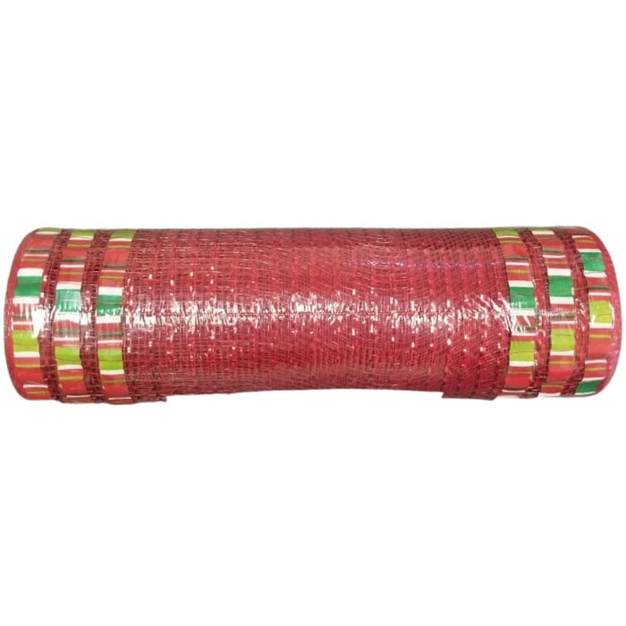 The Red Metallic/Christmas Print Edge Mesh, measuring 10X10Y, is a rolled-up polypropylene mat with a prominent red mesh weave and green and yellow stripes along the edges.