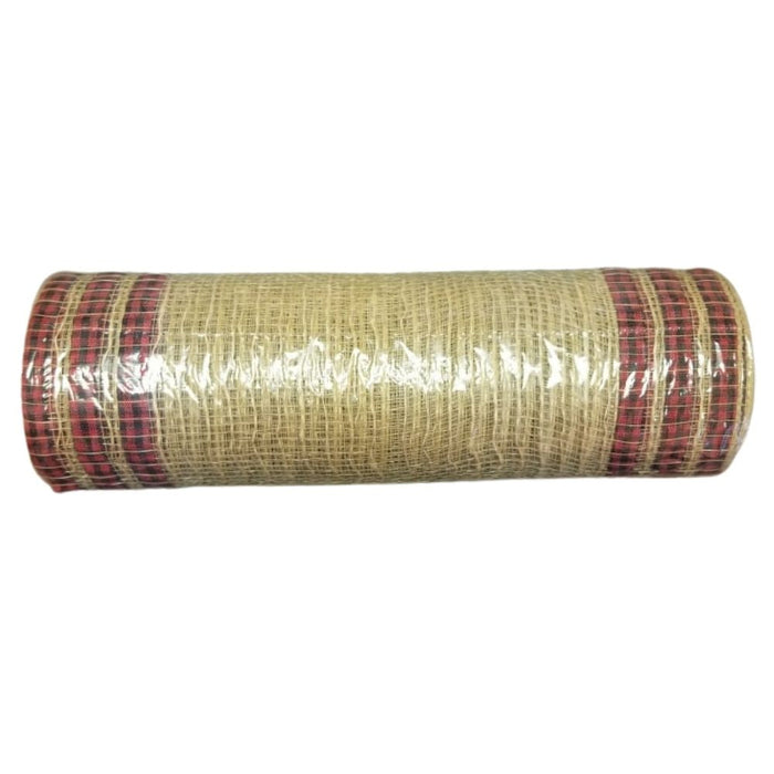 The Nat Jute/Red-Black Buff Plaid Print Edge Mesh, 10X10Y, is a rolled-up mat crafted from bamboo or straw, featuring red and brown check border details and wrapped in clear plastic.