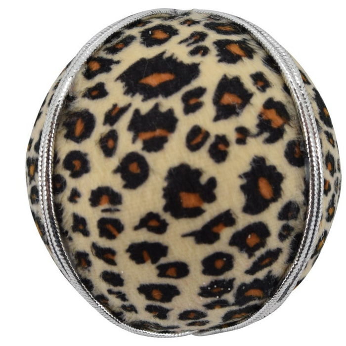 The 4 Animal Print Ball Ornament XO2555 features a leopard pattern with shiny silver trim outlining its sections, all set against a white background.