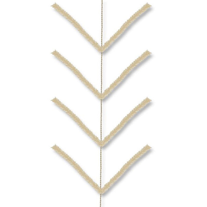 The Burlap Pencil Garland XX7524W4 features five V-shaped beige tassels arranged like chevrons, hanging on a white background—ideal for creating unique holiday décor.