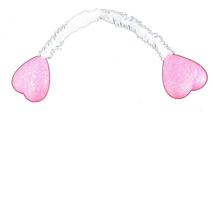 A headband designed with iridescent white fluff and two vibrant hot pink hearts at each end, displayed against a simple white backdrop, resembling the style of the 6" Pink Heart Tie Bag of 12 XX761711.