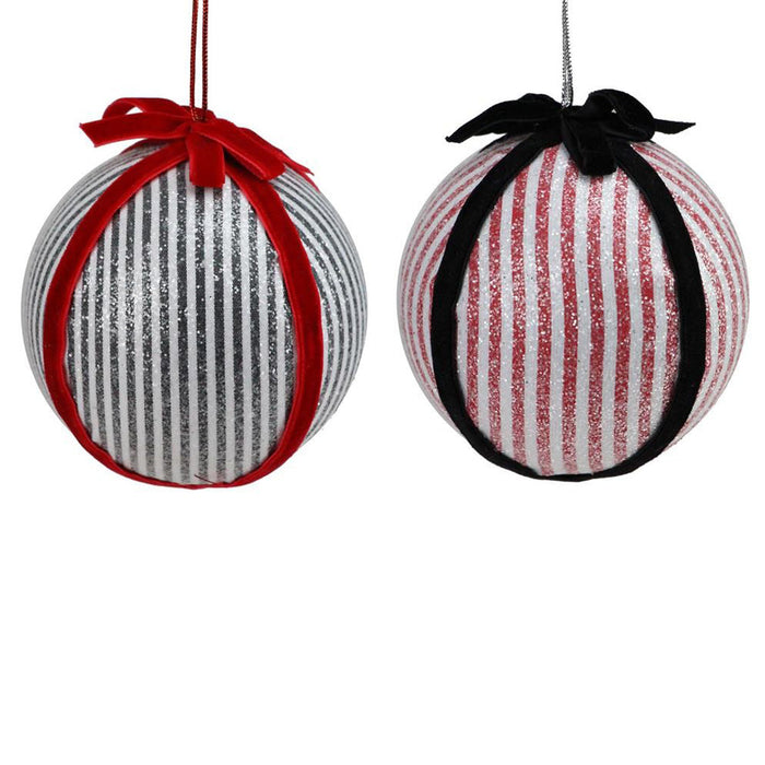 The 4 Black White Red Striped Fabric Ball Christmas Ornament Set of 2 (XY9033) includes one silver and white ball with a red ribbon and one red and white striped ball with a black ribbon—perfect for festive holiday décor.