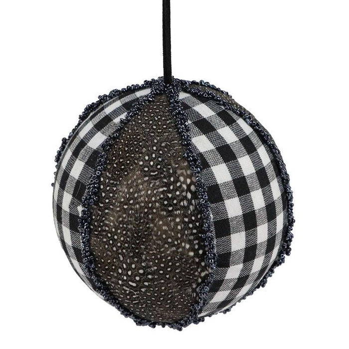 The 4.75" Black White Fabric Check Feather Ball Ornament (XY911130) showcases Buffalo check fabric, feathered textures, and beaded trim, elegantly suspended by a black string.